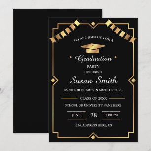 Elegant Art Deco Black and Gold Graduation Invitation
