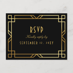 Elegant Art Deco Black Gold Frame Meal Choice RSVP Postcard