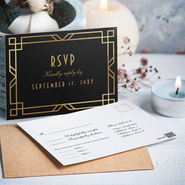Elegant Art Deco Black Gold Frame Meal Choice RSVP Postcard (Creator Uploaded)