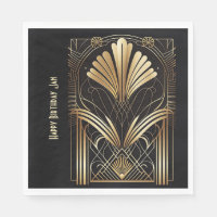 Elegant art-deco black & gold napkin personalised