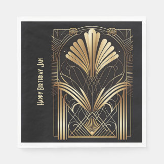 Elegant art-deco black & gold napkin personalised