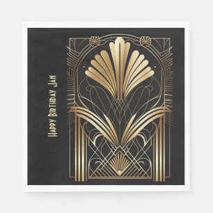 Elegant art-deco black & gold napkin personalized