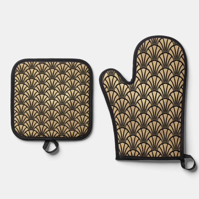 Elegant Art Deco Black Gold Oven Mitt & Pot Holder Set (Front)