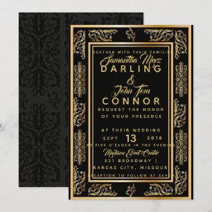 Elegant Art Deco black gold Wedding Invitation