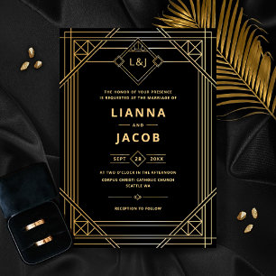 Elegant Art Deco Black Gold Wedding Invitation