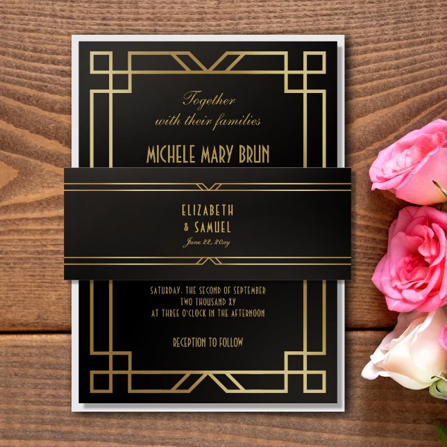 Elegant Art Deco Black Gold Wedding Name Date Invitation Belly Band (Creator Uploaded)