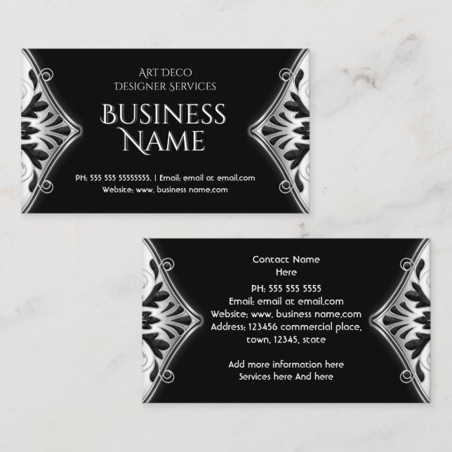 Elegant Art Deco Black Silver Floral Business Card (Front/Back)
