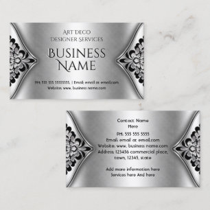 Elegant Art Deco Black Silver Floral Metal look Business Card