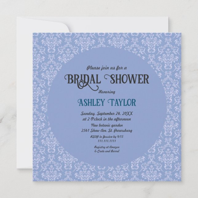 Elegant Art Deco Blue Damask Formal Bridal Shower Invitation (Front)