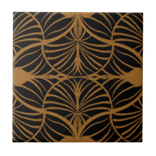 Elegant Art Deco Brown & Black Gouache Scallops Tile