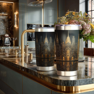 Elegant Art Deco City Skyline in Gold on Black  Insulated Tumbler