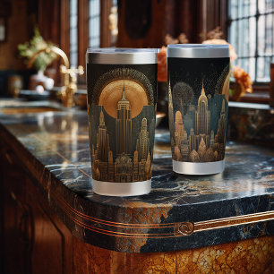 Elegant Art Deco City Skyline in Gold on Black Insulated Tumbler
