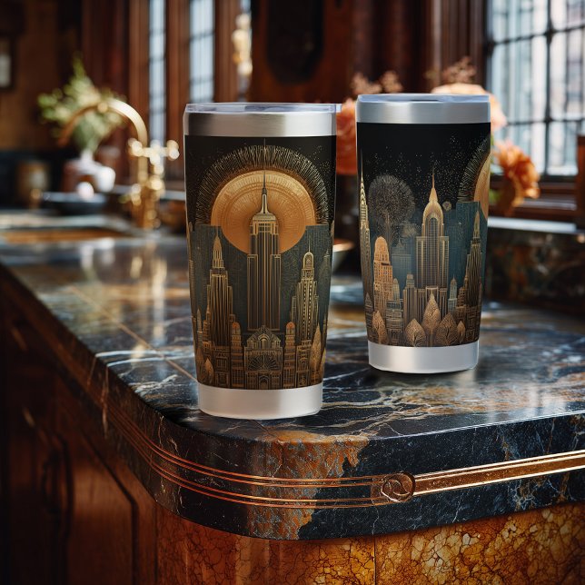 Elegant Art Deco City Skyline in Gold on Black Insulated Tumbler (Creator Uploaded)