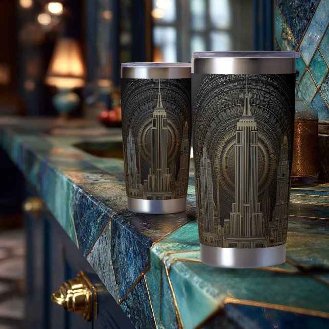 Elegant Art Deco City Skyline in Gold on Black  Insulated Tumbler (Creator Uploaded)