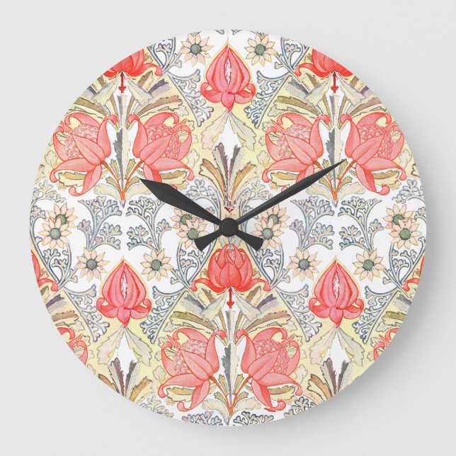 Elegant Art Deco Coral Red Flowers Pattern Large Clock (Front)