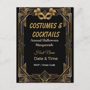 Elegant Art Deco Costumes and Cocktails Masquerade Announcement Postcard