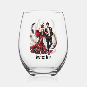 Elegant Art Deco couple customisable Stemless Wine Glass