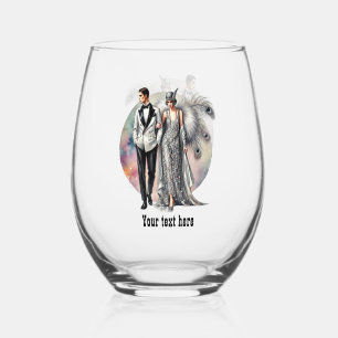 Elegant Art Deco couple customisable Stemless Wine Glass