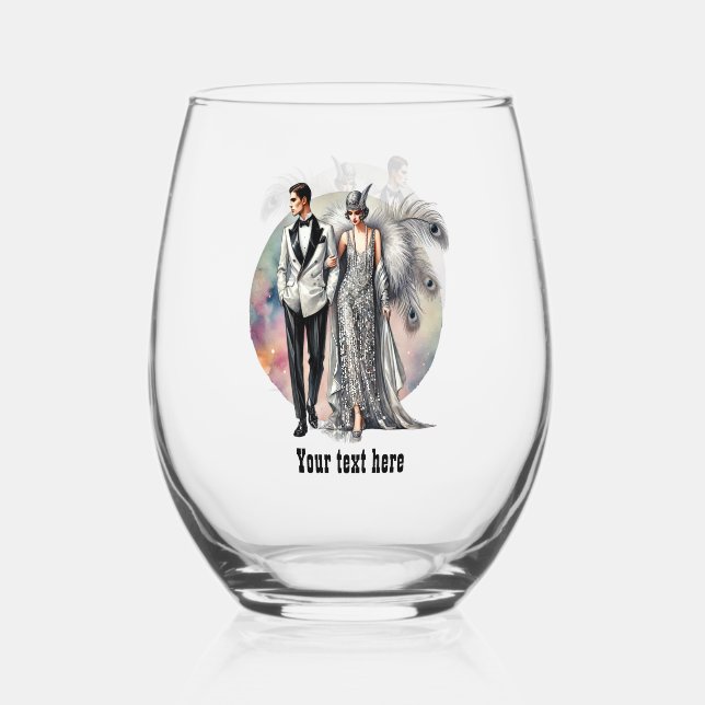 Elegant Art Deco couple customisable  Stemless Wine Glass (Front)
