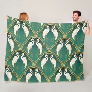 Elegant Art Deco Crane Pattern Fleece Blanket