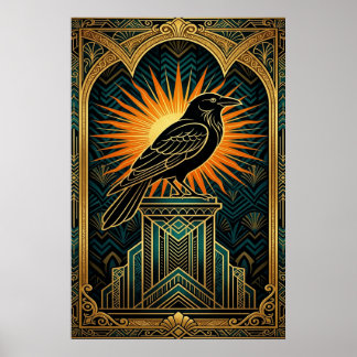 Elegant Art Deco Crow Silhouette Gold & Black Poster