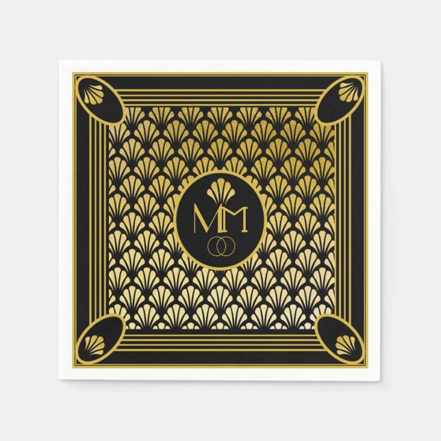 Elegant Art Deco Fan Pattern Monogram Wedding Napkin (Front)