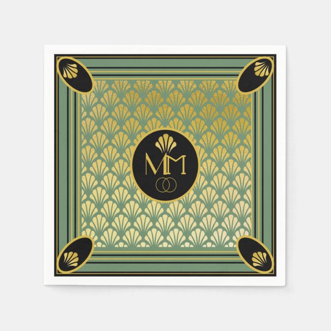Elegant Art Deco Fan Pattern Monogram Wedding Napkin (Front)