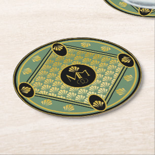 Elegant Art Deco Fan Pattern Monogram Wedding Round Paper Coaster