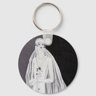 Elegant Art Deco Flapper Bride Illustration Key Ring