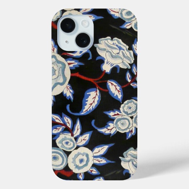 ELEGANT ART DECO FLORAL,BLUE WHITE ROSES IN BLACK Case-Mate iPhone CASE (Back)