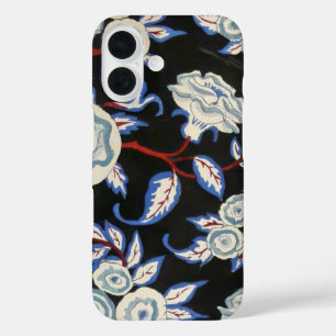 ELEGANT ART DECO FLORAL,BLUE WHITE ROSES IN BLACK iPhone 16 CASE