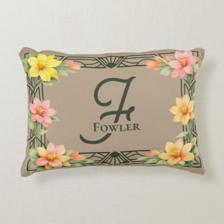 Elegant Art Deco Floral Monogram Family Name Decorative Cushion