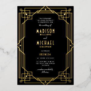 Elegant Art Deco Frame Wedding REAL Foil Invitatio