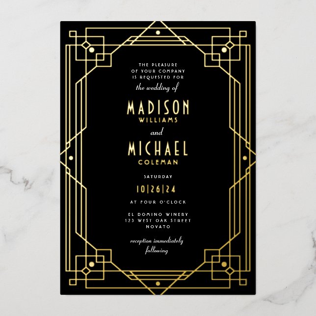 Elegant Art Deco Frame Wedding REAL Foil Invitatio (Front)