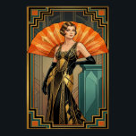 Elegant Art Deco Gatsby Woman Portrait Gold Poster<br><div class="desc">Embrace the peak of Jazz Age elegance with this sophisticated Art Deco portrait of a woman in a beaded gown. With a rich teal and gold color palette, she is positioned against a massive orange sunburst fan. Opulent geometric borders frame this piece, making it an ideal choice for a luxury...</div>