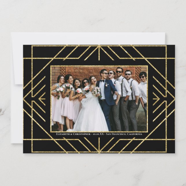 Elegant Art Deco Gold Black Photo Thank You Save The Date (Front)