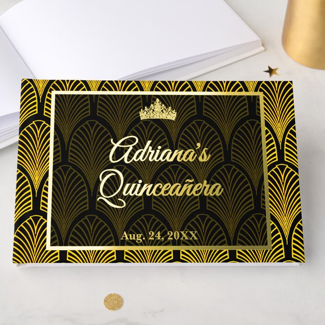 Elegant Art Deco Gold Black Quinceanera Guest Book (Creator Uploaded)