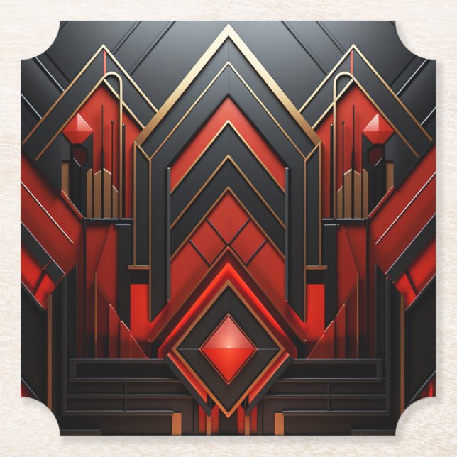  Elegant Art Deco Gold Black Red  Paper Coaster (Front)