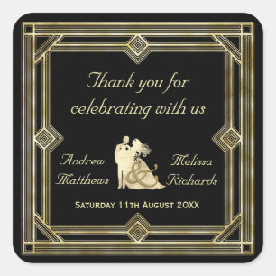 Elegant Art Deco Gold Black Wedding Favour Custom Square Sticker
