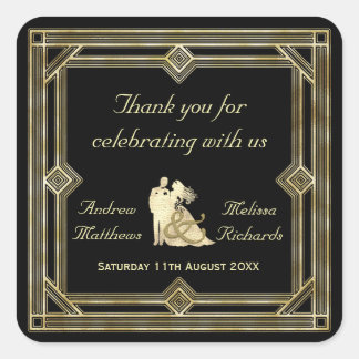 Elegant Art Deco Gold Black Wedding Favour Custom Square Sticker