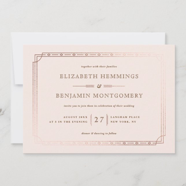 Elegant Art Deco Gold Foil Border Blush Wedding Invitation (Front)
