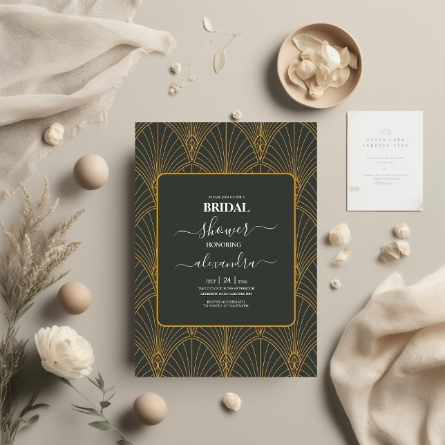 Elegant Art Deco Gold Green Bridal Shower Invitation (Creator Uploaded)
