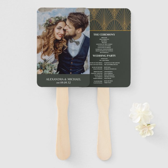 Elegant Art Deco Gold Green Wedding Hand Fan (Front and Back)