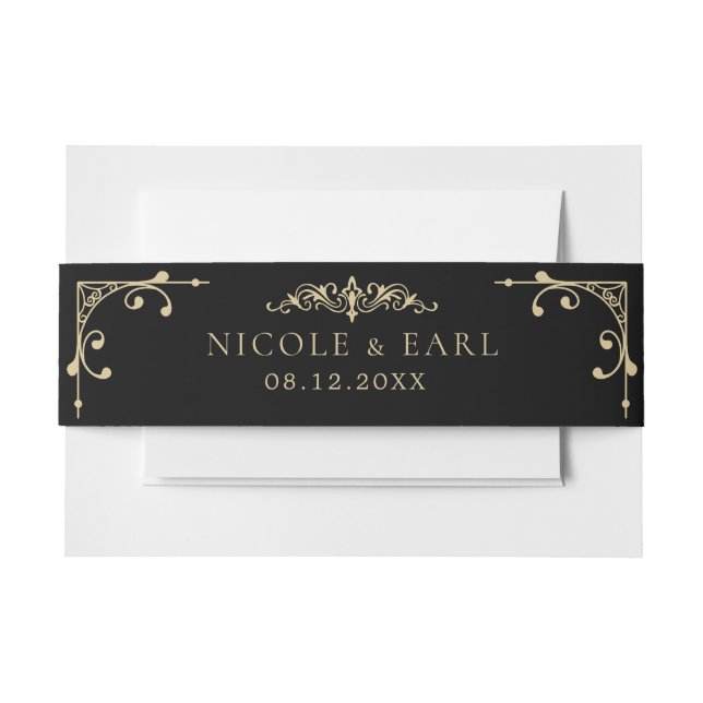 Elegant Art Deco Gold Retro Wedding Black  Invitation Belly Band (Front Example)