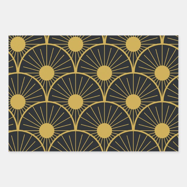 Elegant Art Deco Gold Sun Pattern on Black  Wrapping Paper Sheet (Front)
