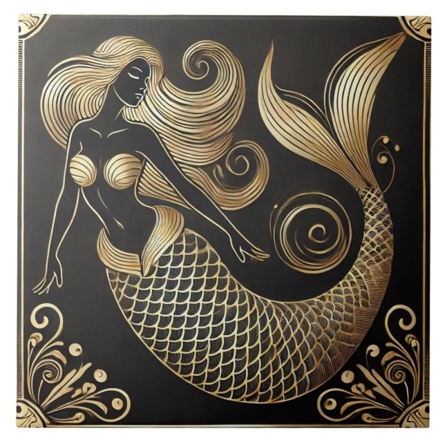 Elegant Art Deco Golden Mermaid Tile (Front)