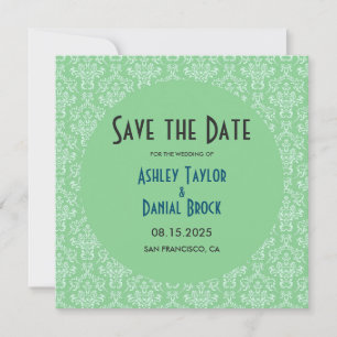Elegant Art Deco Green Damask Formal Round Wedding Save The Date