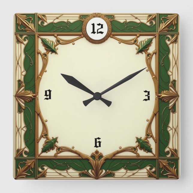 Elegant Art Deco green Square Wall Clock (Front)