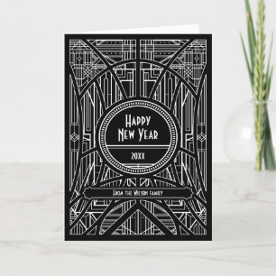 Elegant art deco Happy New Year black Holiday Card