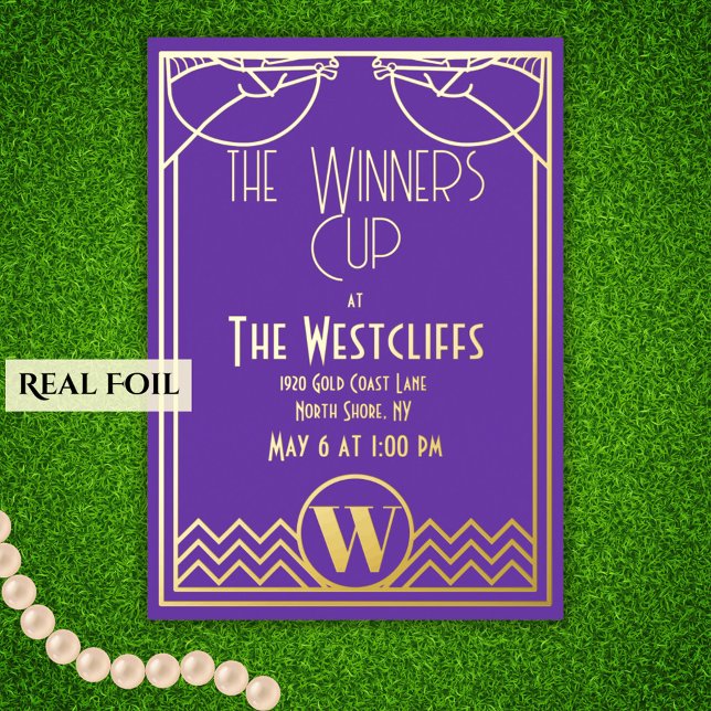 Elegant Art Deco Horse Derby Party Purple Gold (A regal purple and real gold foil invitation for the big horse racing cup race)